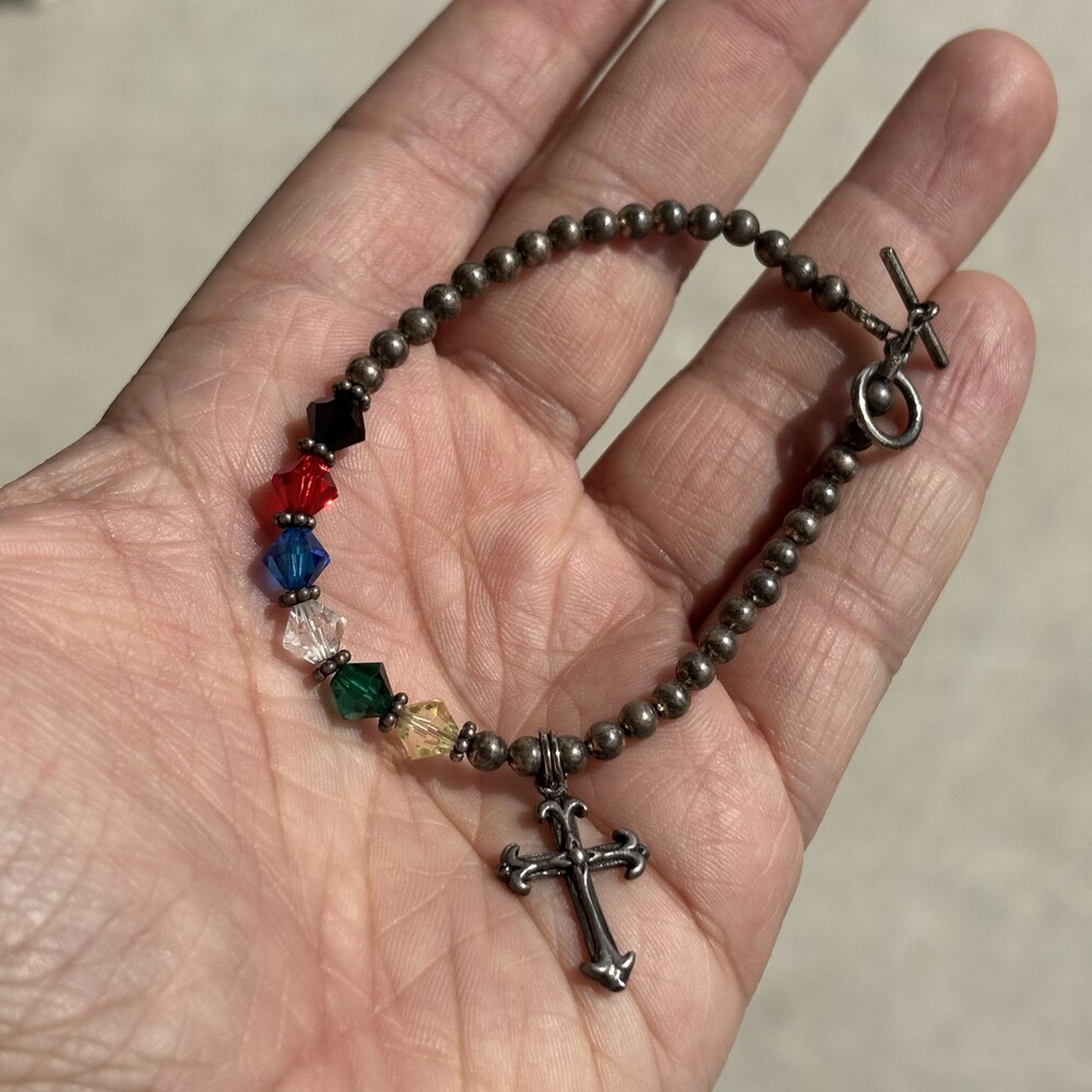 Sterling Silver Beaded Cross Charm Bracelet - Signed 925 - Pre-owned Good